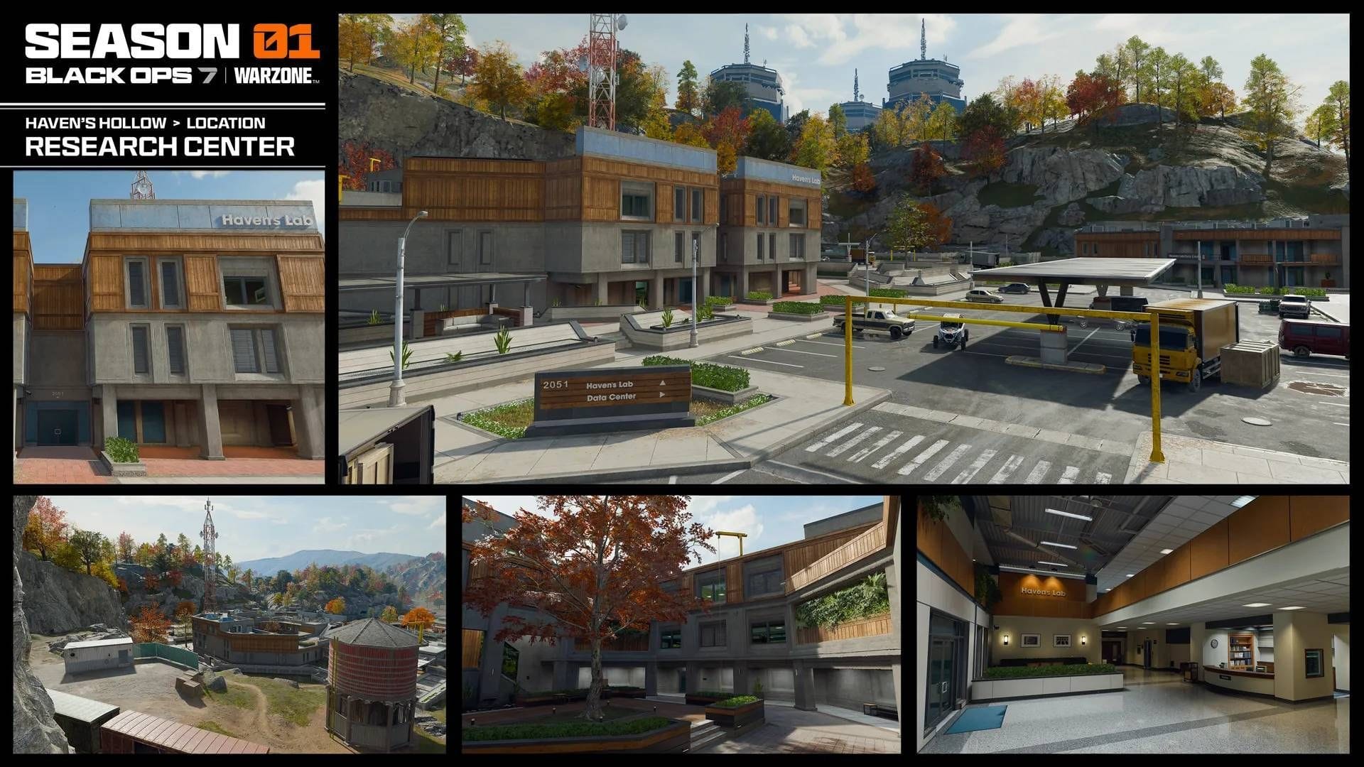The Research Center in Haven&#039;s Hollow map features an open parking lot and various paths (Image via Activision)