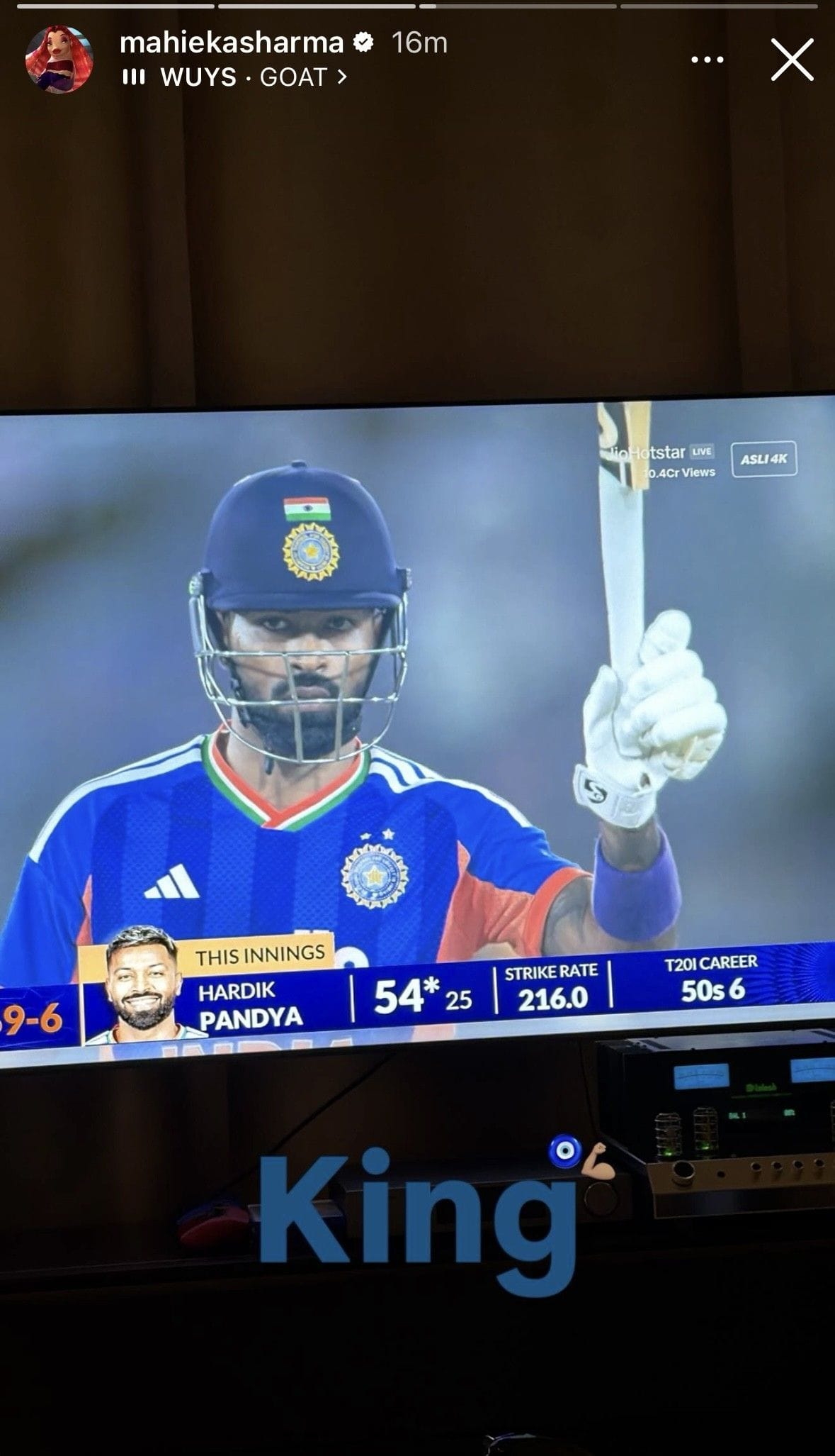 Maheika Sharma&rsquo;s reaction to Hardik Pandya&rsquo;s fifty (Image via Instagram-@mahiekasharma)