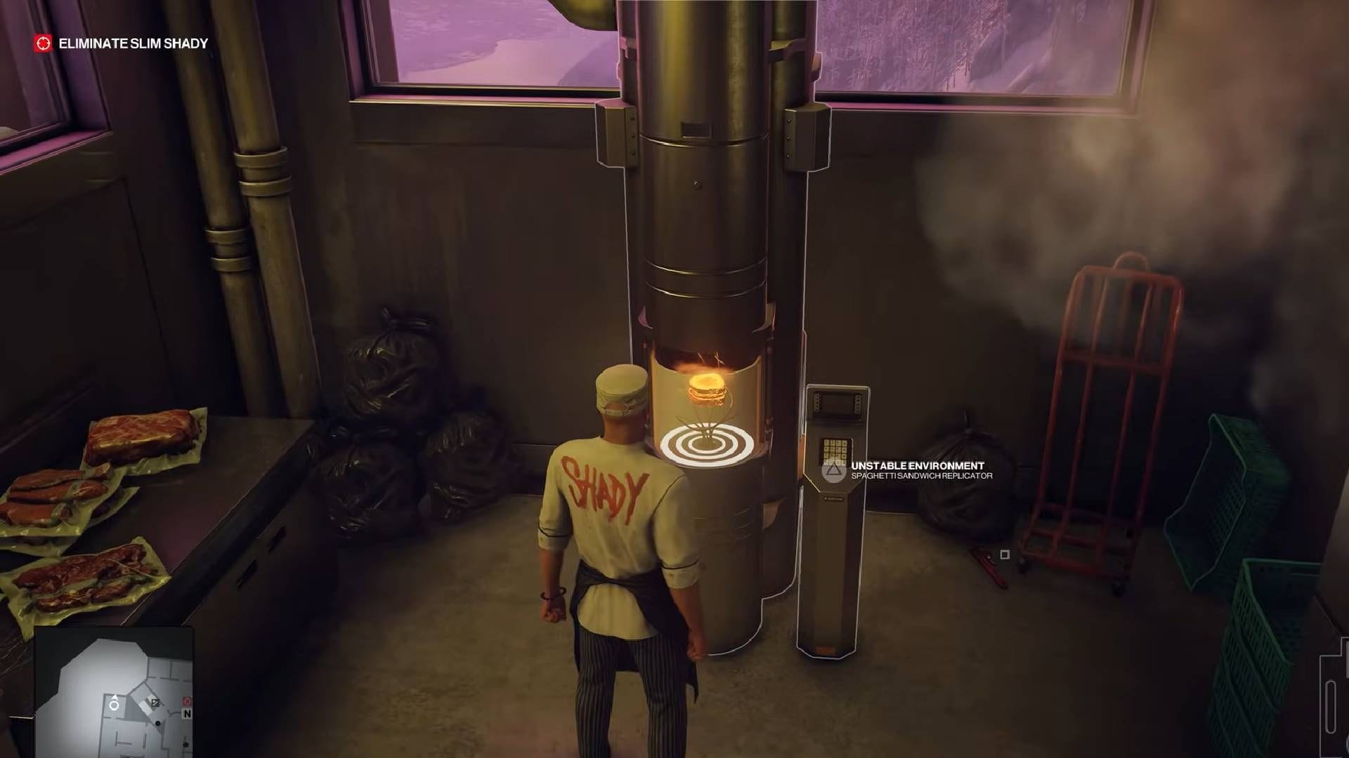 Pick up the food and head to the upper section (Image via IO Interactive || YouTube/Ben-Gun)