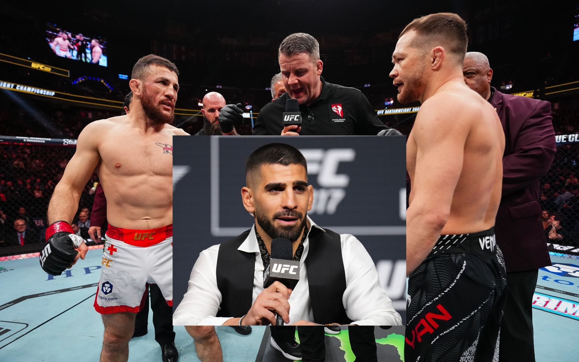 Ilia Topuria (inset) reacts to Merab Dvalishvili