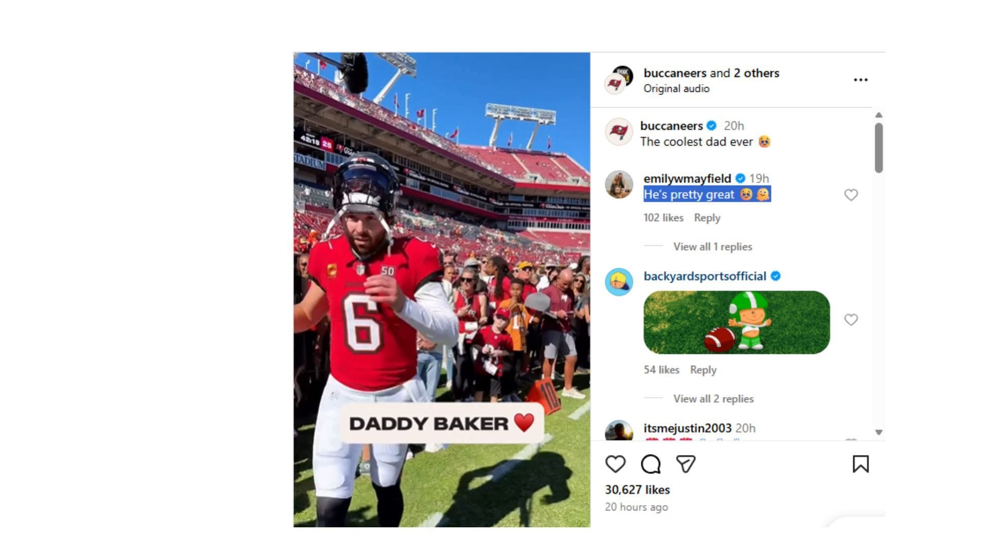 Baker Mayfield and daughter Kova shared a special moment. (Credit: @buccaneers)