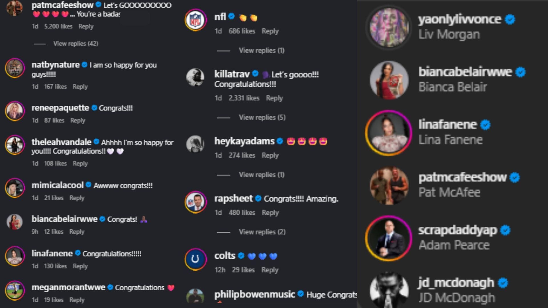 The stars came out to congratulate McAfee and his wife [Image credit: Pat McAfee and his wife&#039;s Instagram accounts]