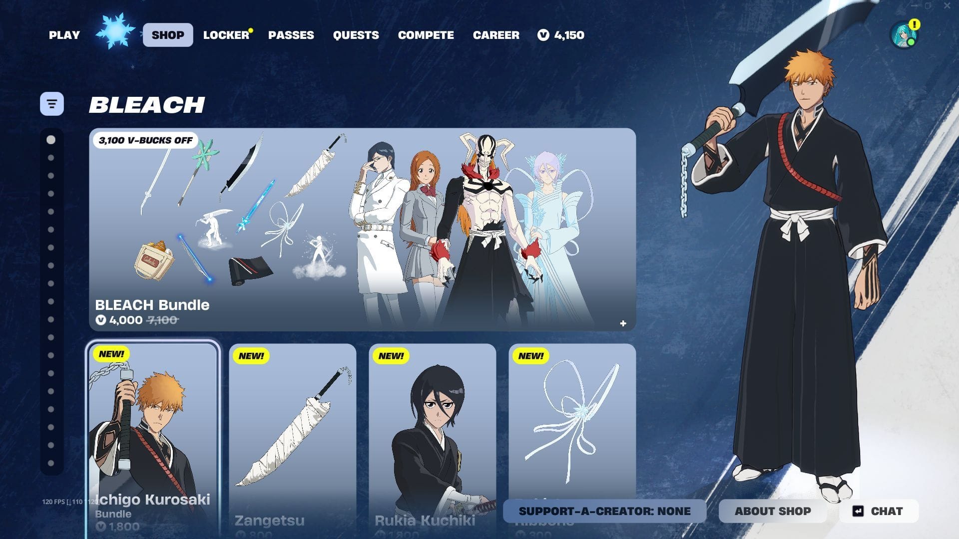 The much-awaited Bleach Ichigo Kurosaki skin in Fortnite is now in the Item Shop (Image via Sportskeeda Gaming || Epic Games)