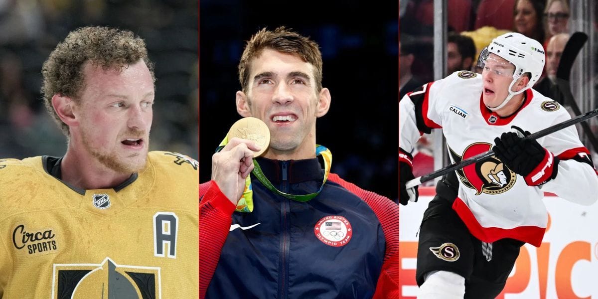 L to R: Jack Eichel, Michael Phelps, and Brady Tkachuk. (Images by Getty)