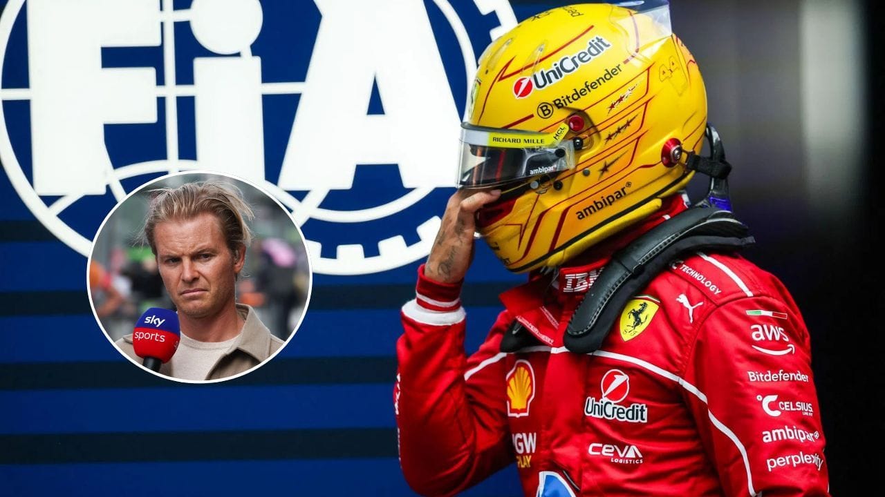Lewis Hamilton of Great Britain and Ferrari walks in the paddock during qualifying ahead of the F1 Grand Prix of Azerbaijan at Baku City Circuit on September 20, 2025 in Baku, Azerbaijan. Source: Getty (Inset) Nico Rosberg before Sprint ahead of the Formula 1 Belgian Grand Prix at Spa-Francorchamps in Spa, Belgium on July 26, 2025. (Photo by Jakub Porzycki/NurPhoto via Getty Images)