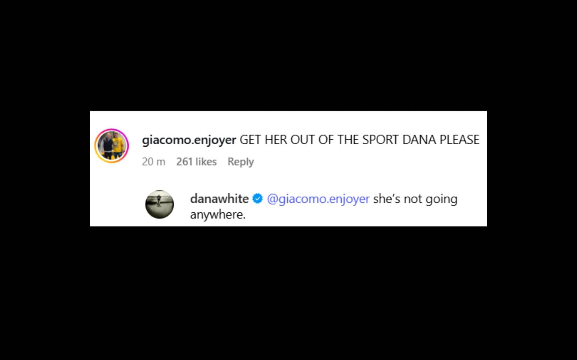 Dana White responds to a fan asking for Nina-Marie Daniele to be removed from the UFC. [Screenshot courtesy: @ufc on Instagram]