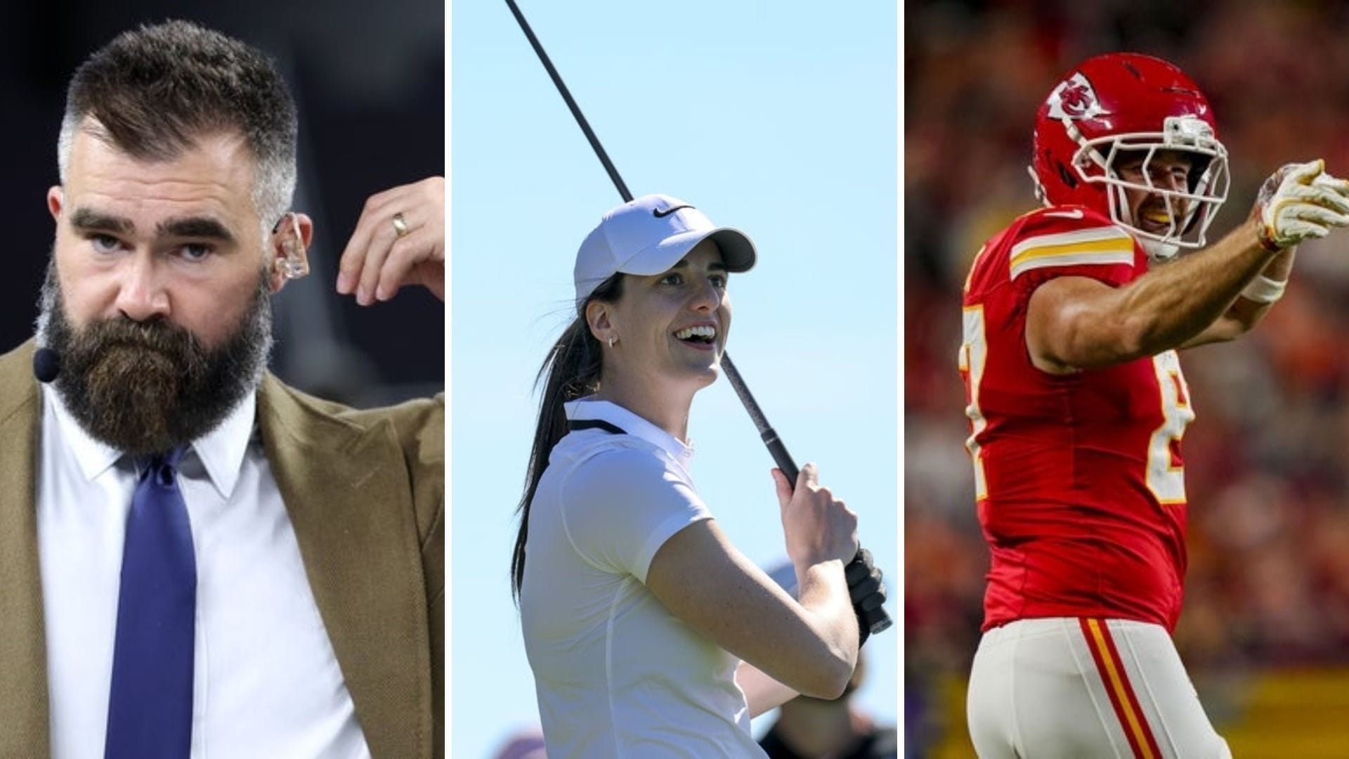 Jason Kelce, Travis Kelce, Caitlin Clark (Credits: Imagn)