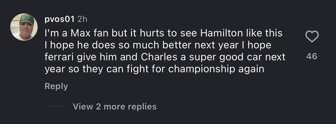 screen grab of comment under Sky Sports&#039; post [via Instagram/@skysportsf1]