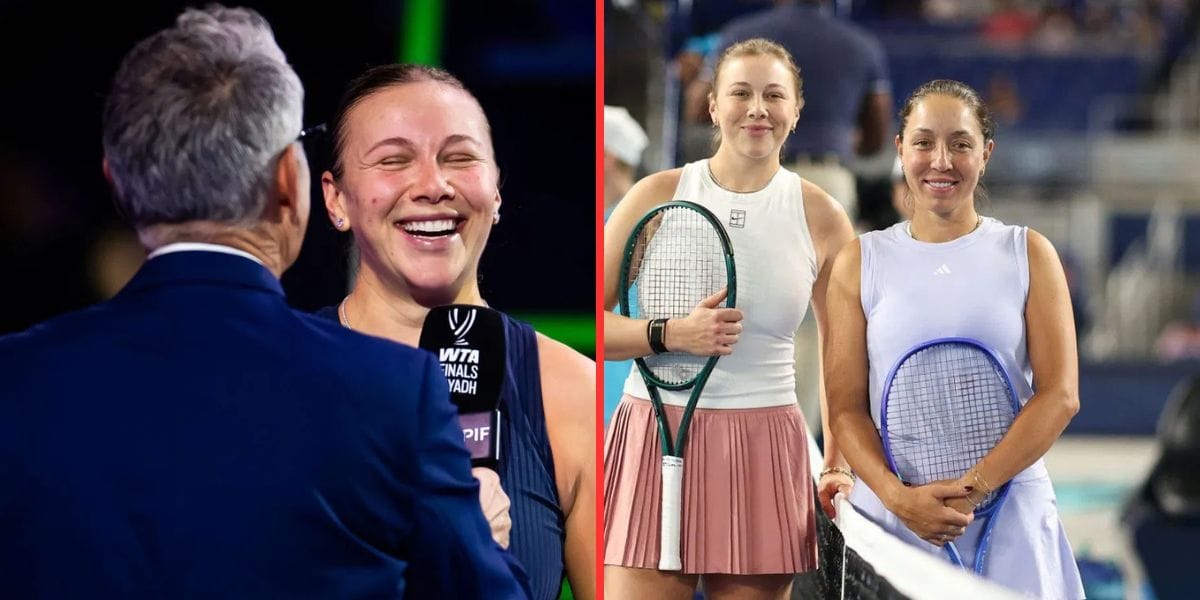 Amanda Anisimova during a post-match interview at the 2025 WTA Finals (left), Anisimova and Jessica Pegula at the 2025 Miami Invitational exhibition (right), Sources: Getty