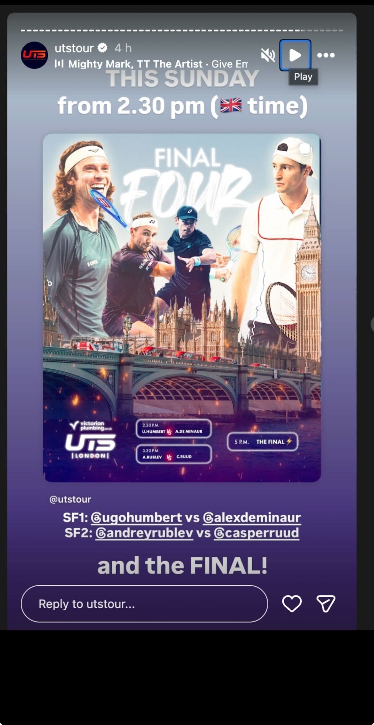Screenshot of the Instagram Story about this year&#039;s London semifinals and final schedule posted by the official handle of the Ultimate Tennis Showdown (UTS) (Source: Instagram/utstour)