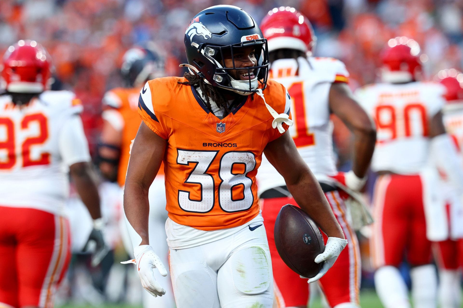 Jaleel McLaughlin at Kansas City Chiefs v Denver Broncos - NFL 2025 - Source: Getty