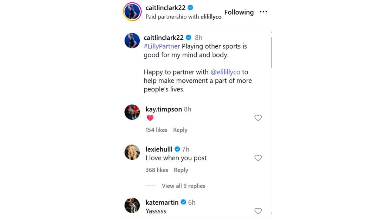 Lexie Hull, Kate Martin and others react to Caitlin Clark&#039;s IG post about wellness and &quot;movement&quot; on Tuesday. [photo: @caitlinclark22/IG]