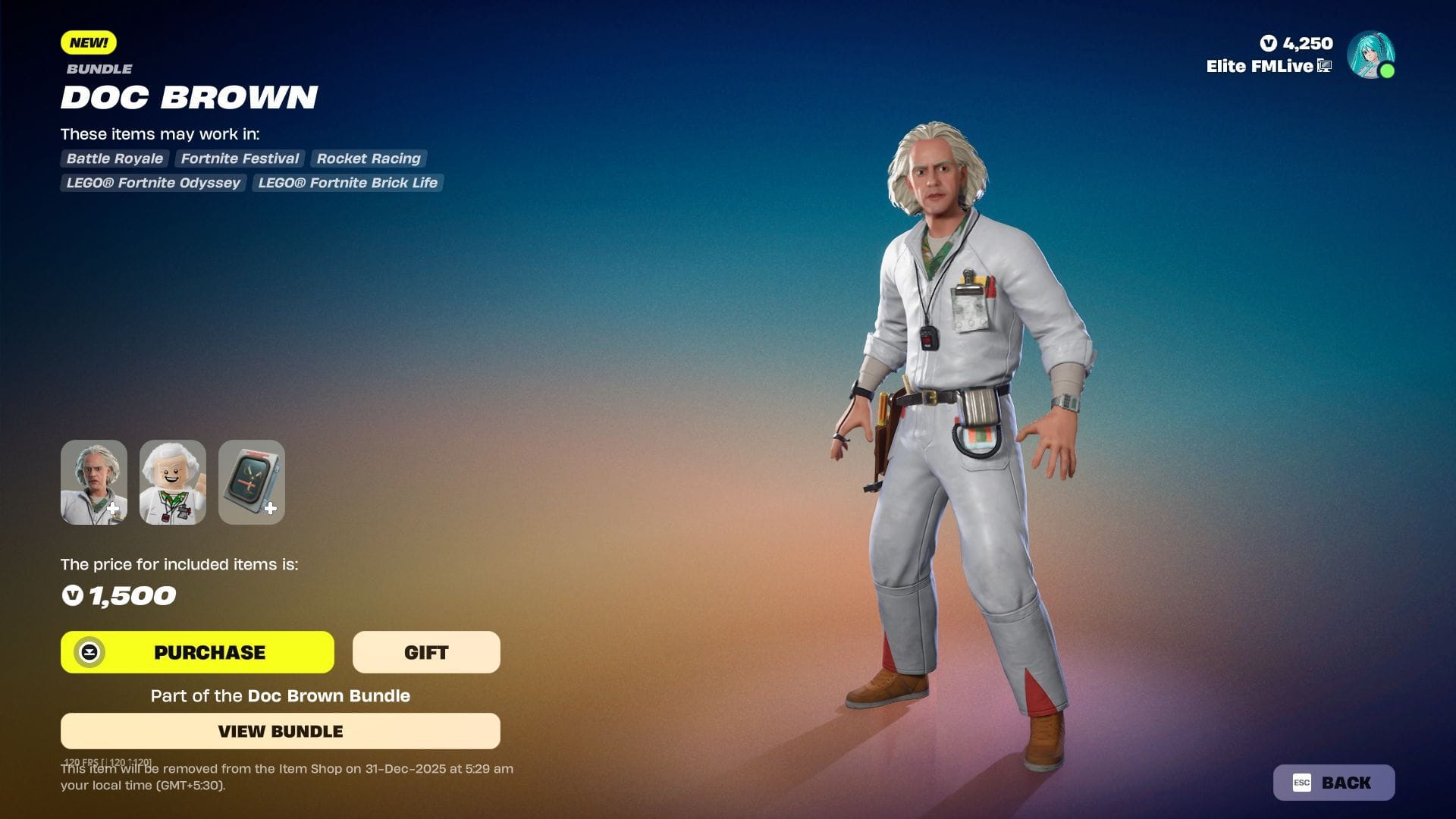 The Back to the Future Doc Brown skin in Fortnite will remain listed until December 31, 2025 (Image via Sportskeeda Gaming || Epic Games)