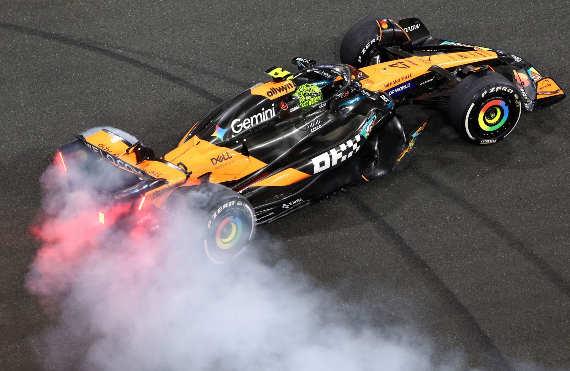McLaren&#039;s Lando Norris doing donuts after the 2025 F1 Grand Prix of Abu Dhabi - Source: Getty