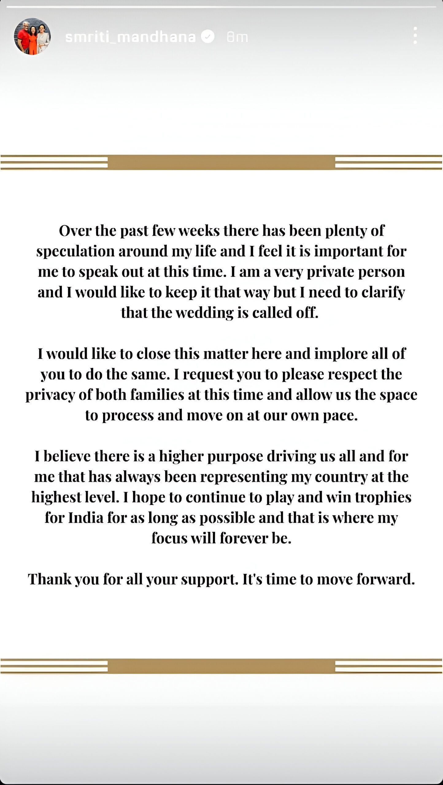 Screenshot of Smriti Mandhana's Instagram story