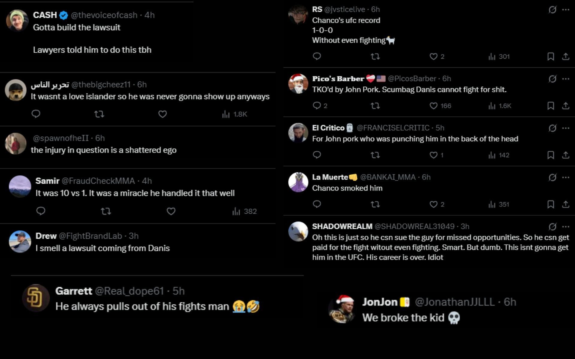Fans react to Dillon Danis pulling out of his fight against Anthony Taylor. [Screenshots courtesy: @mma_orbit on X]