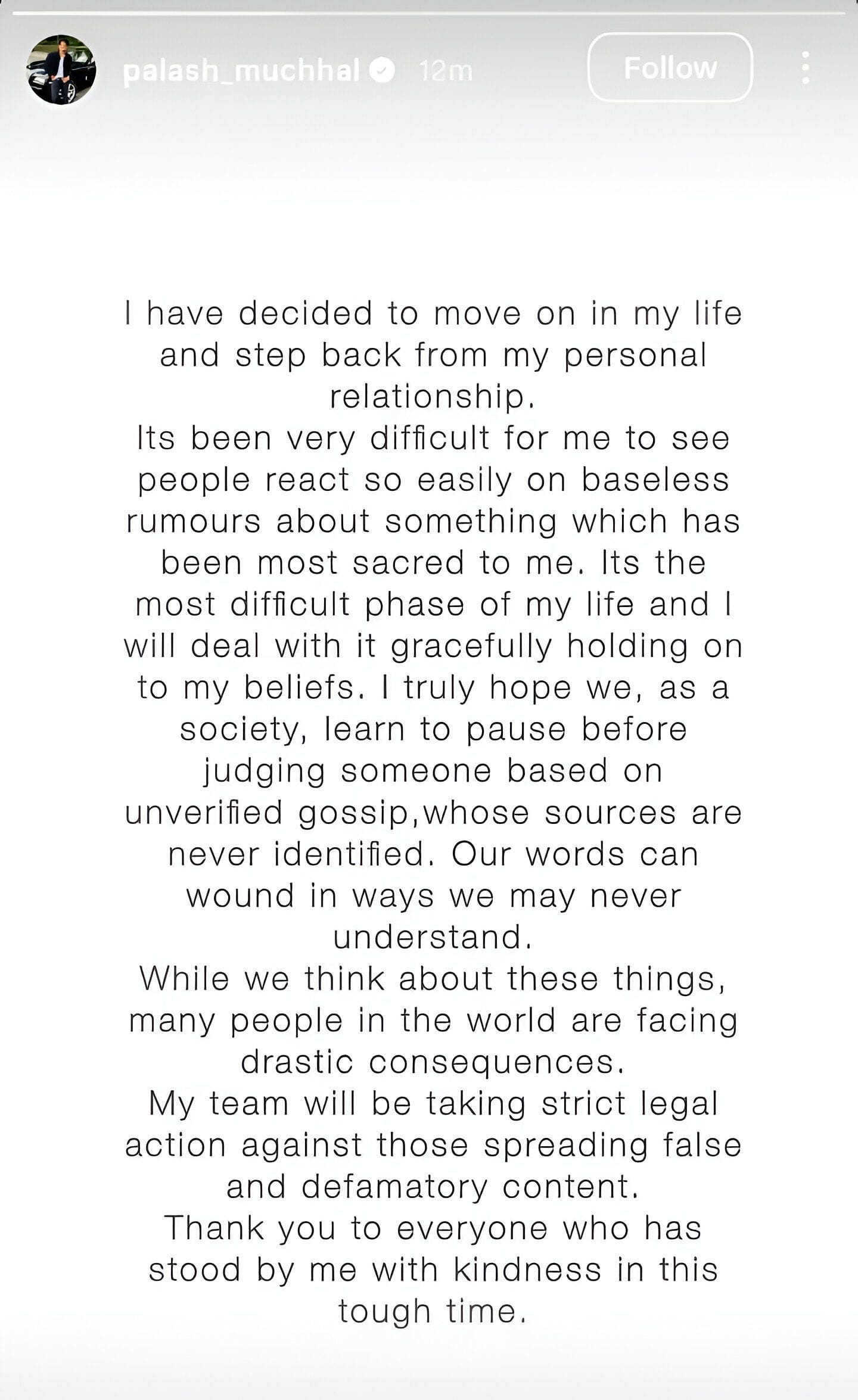 Screenshot of Palash Muchhal's Instagram story