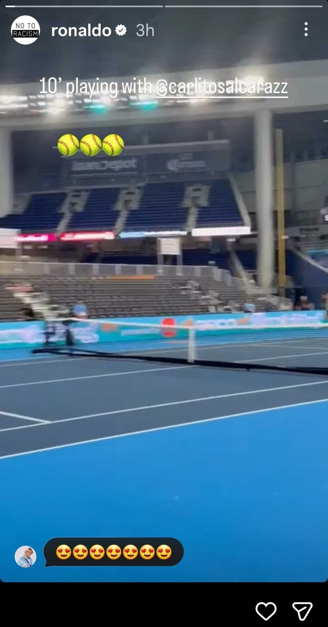 Ronaldo&#039;s Instagram Story showing him hitting with Alcaraz in Miami (Source: Instagram/ronaldo)