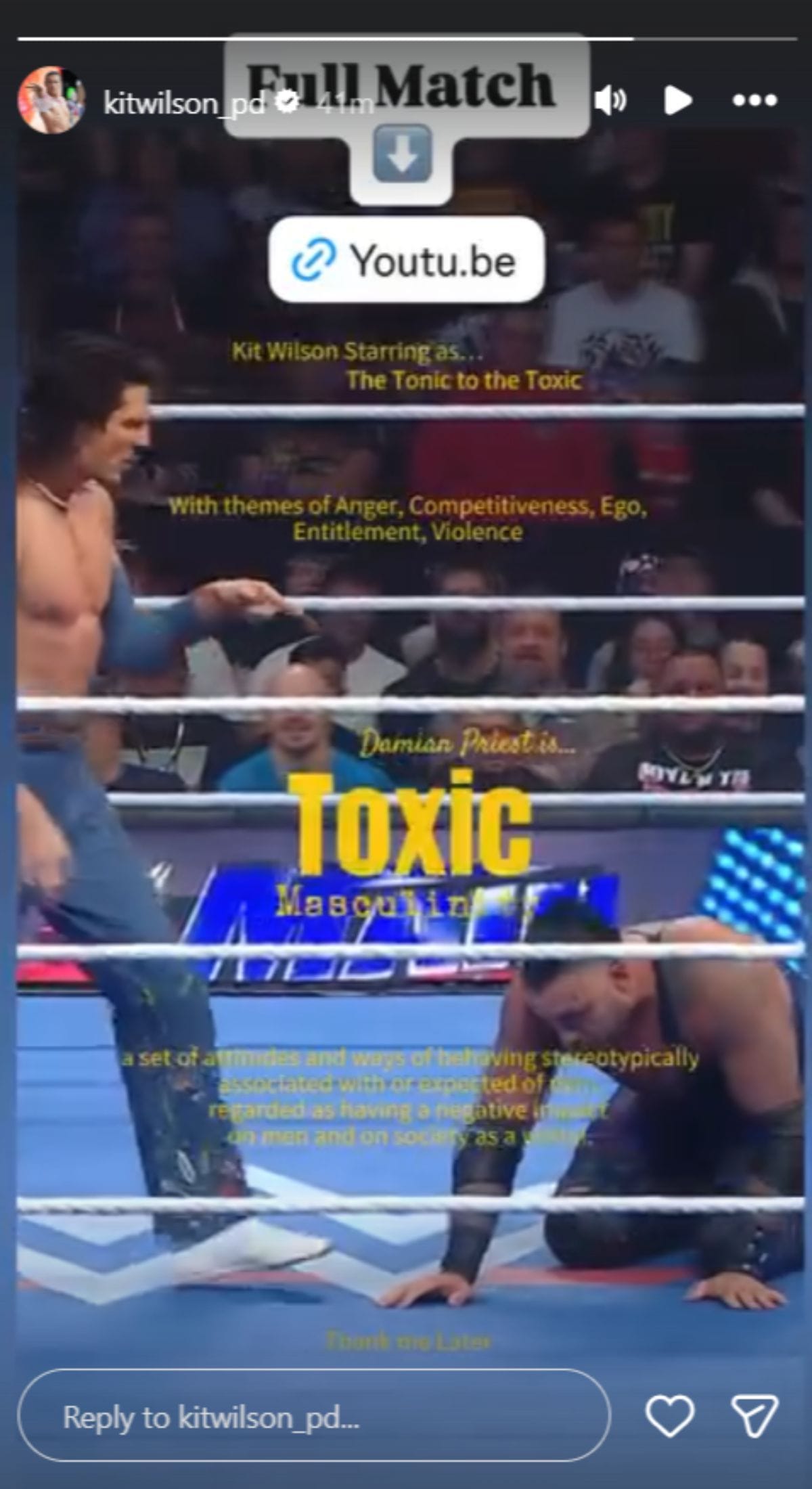 Kit Wilson shares a YouTube link to his recent WWE match. [Image via @kitwilson_pd on Instagram]