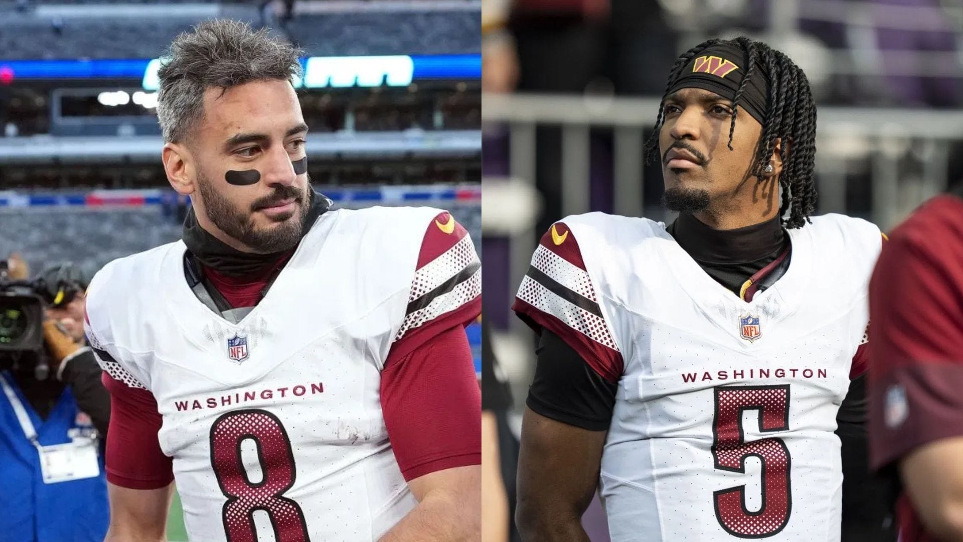 Jayden Daniels reacts to being rested in favor of Marus Mariota to end 2025 season - via Getty/CMS