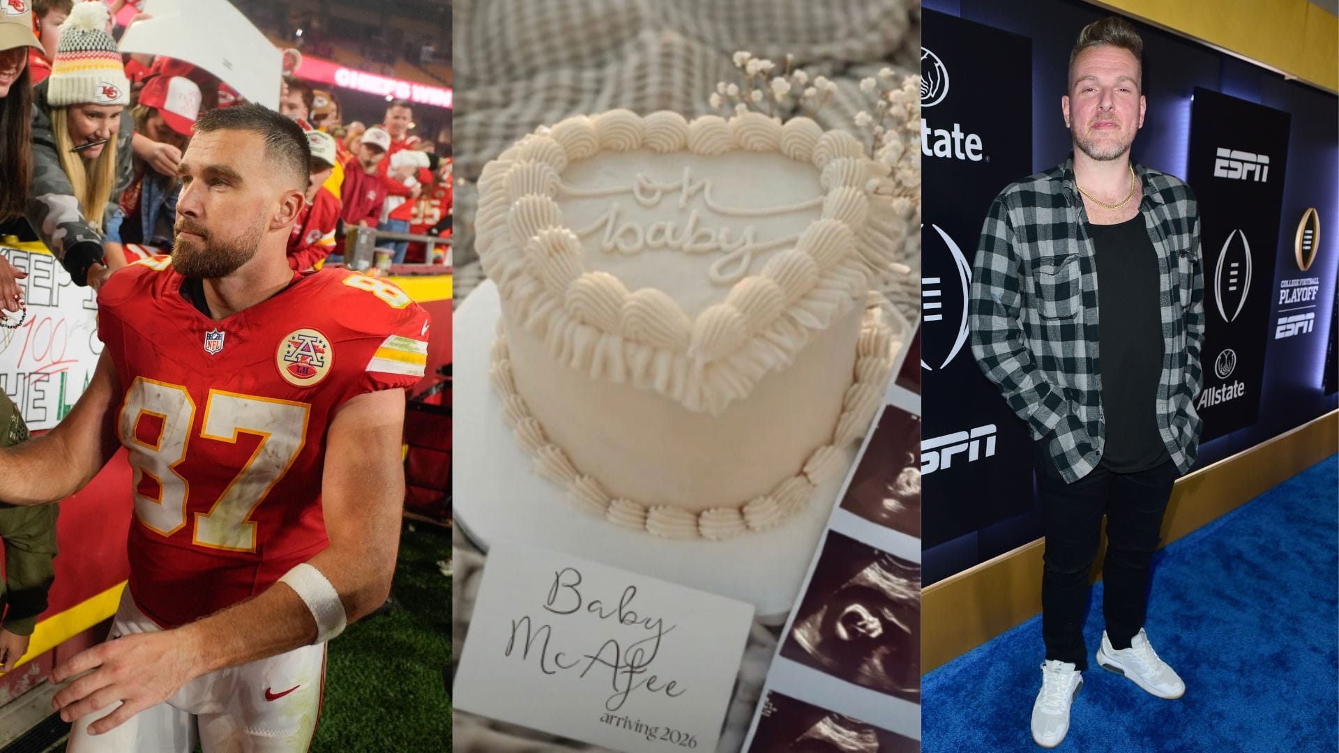 Travis Kelce (left) congratulated Pat McAfee (right). (Credit: Jay Biggerstaff-Imagn Images/ @mrsmcafeeshow/Vivien Killilea/Getty Images)