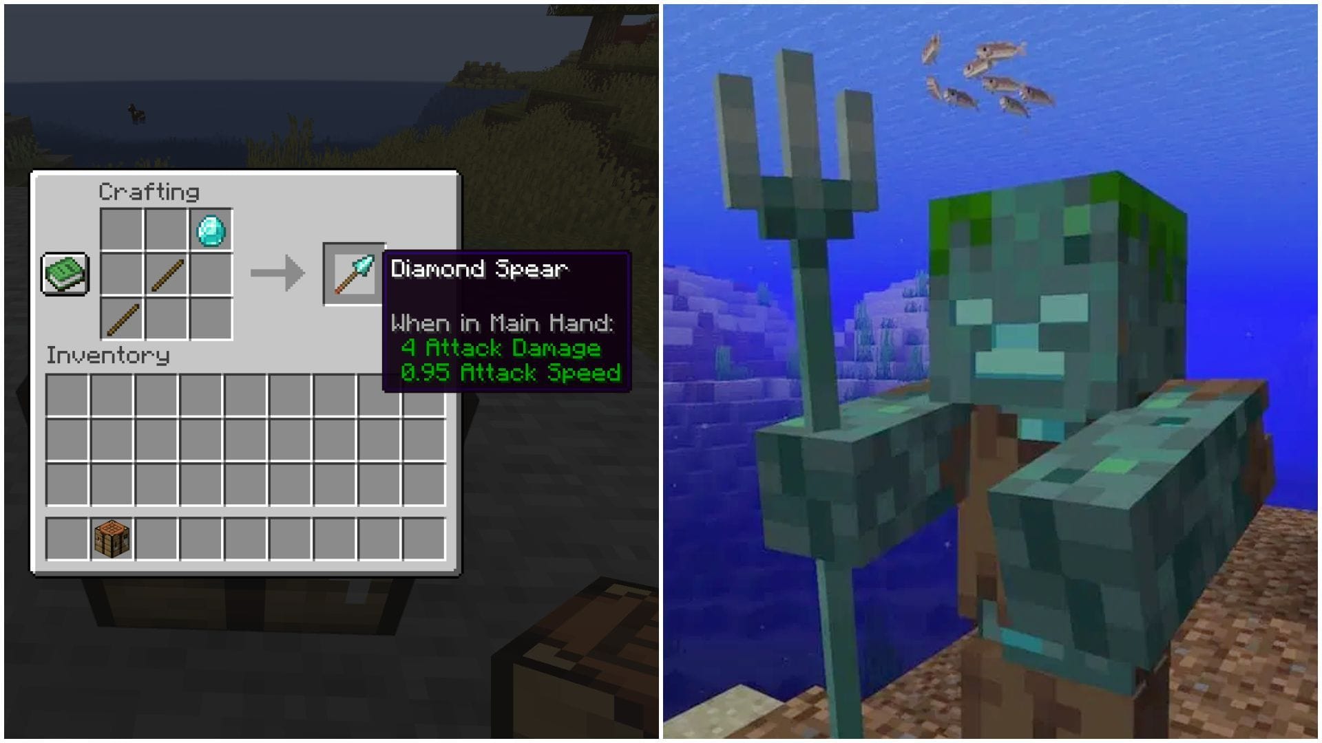 Spear and trident have different special features (Image via Sportskeeda Gaming || Mojang Studios)