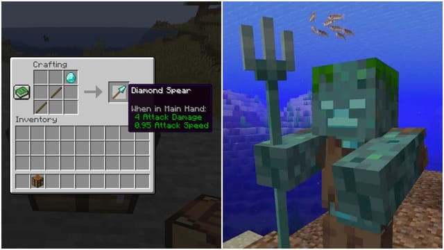 A lança é extremamente comum em comparação com o tridente (Imagem via Sportskeeda Gaming || Mojang Studios)