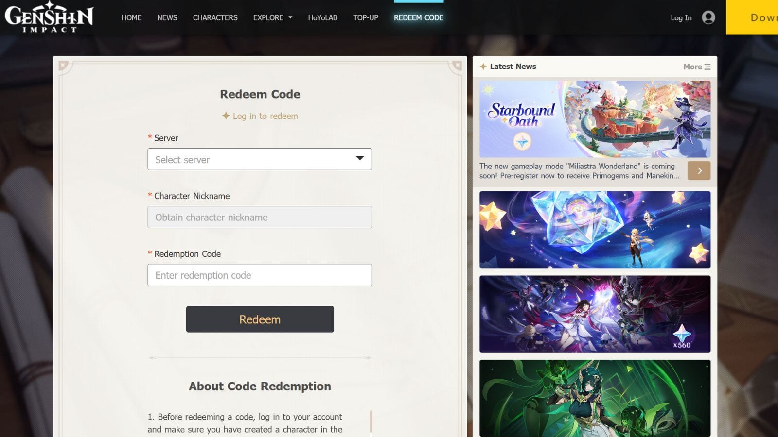 You can redeem the above codes through the official HoYoverse website (Image via HoYoverse)