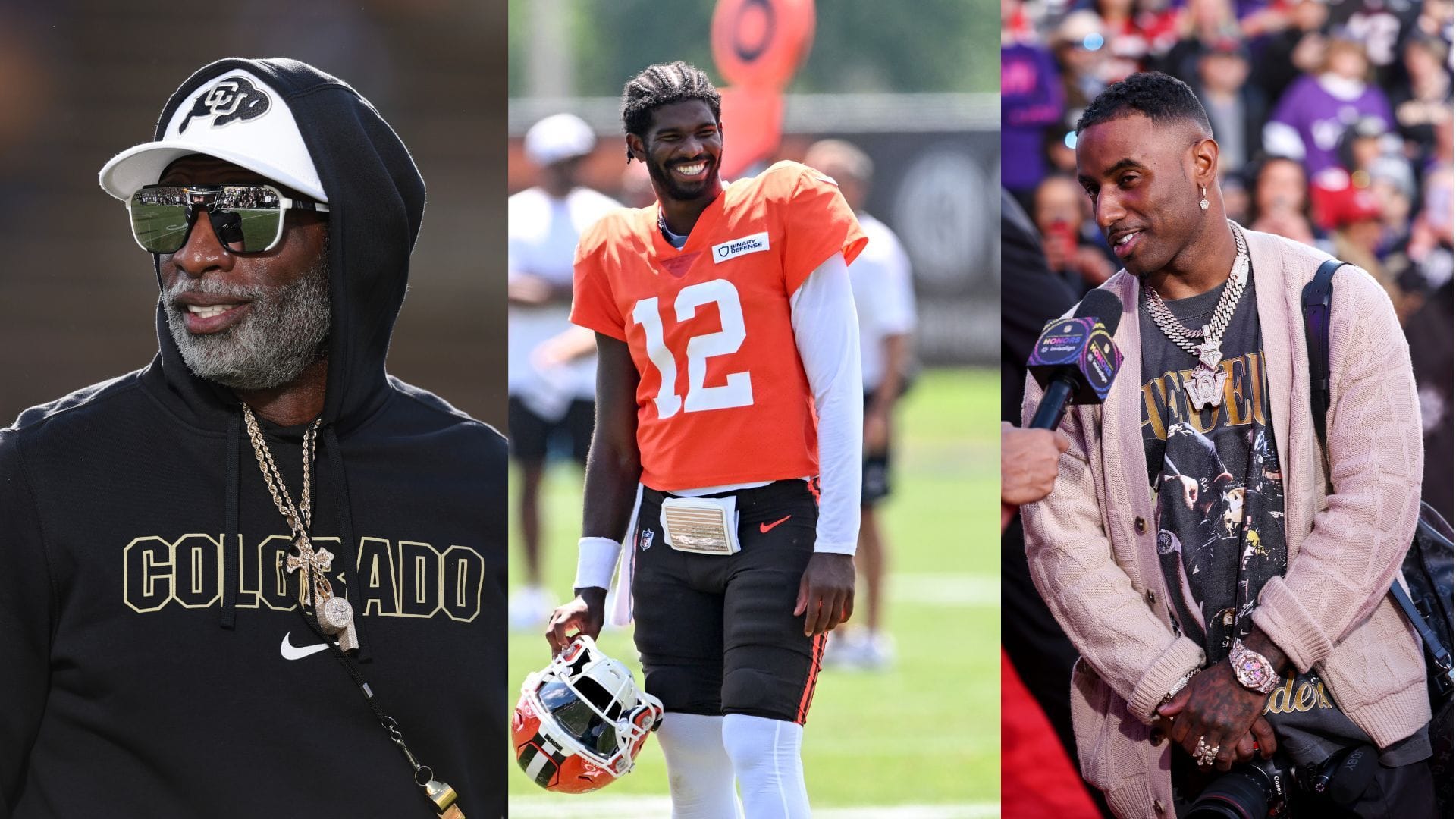 Deion Sanders (left) celebrated son Shedeur Sanders (center) and other son, Deion Sanders Jr. (right). (Credit: Andrew Wevers/Getty Image/ Nick Cammett/Getty Images/ Perry Knotts/Getty Images)