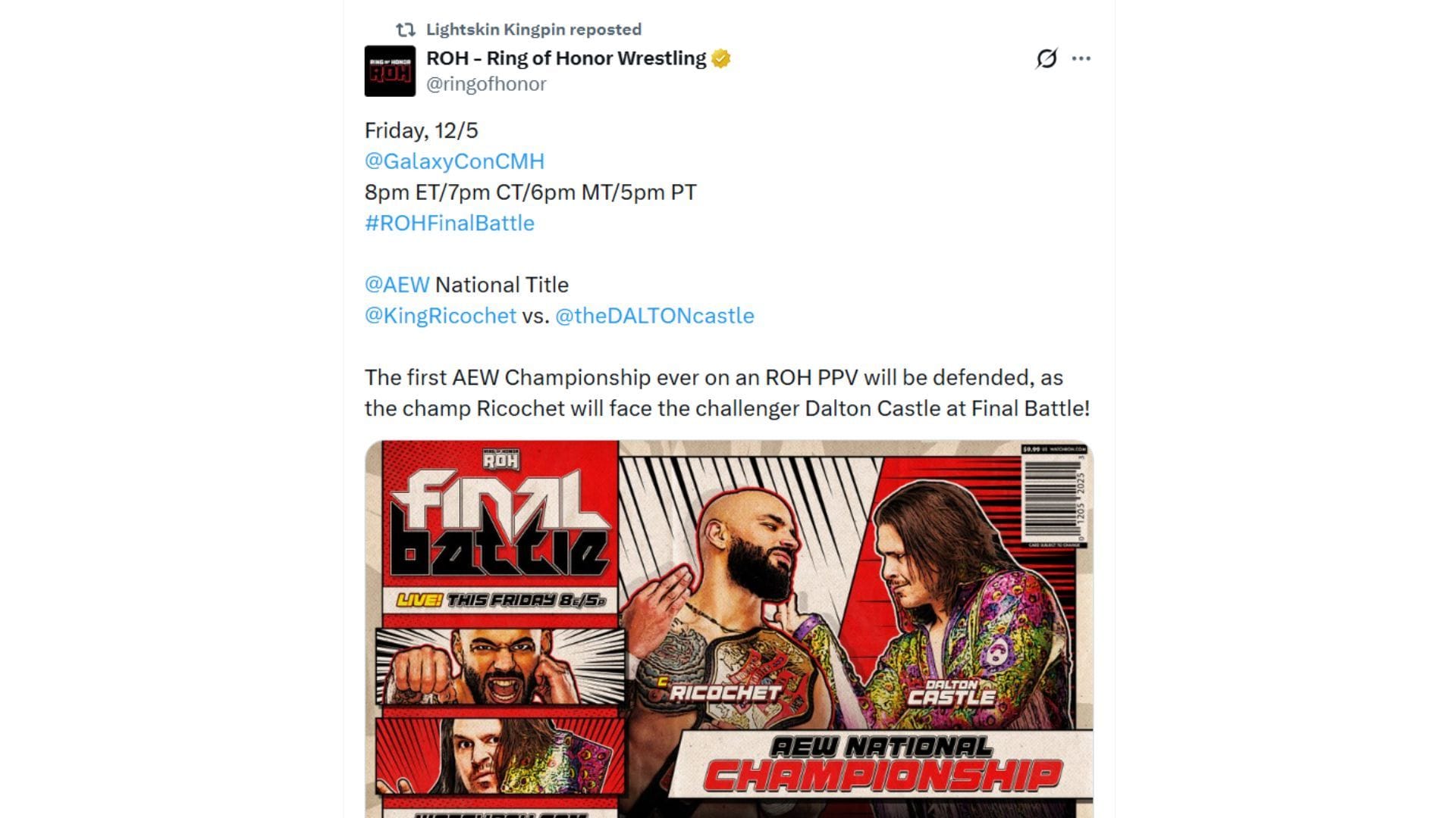 Match graphic for Ricochet vs Dalton Castle at ROH Final Battle [Source: @ringofhonor on X]