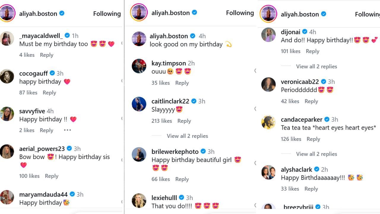 Caitlin Clark, Lexie Hull and others react to Aliyah Boston's birthday post on Instagram on Thursday. [photo: @aliyah.boston/IG]