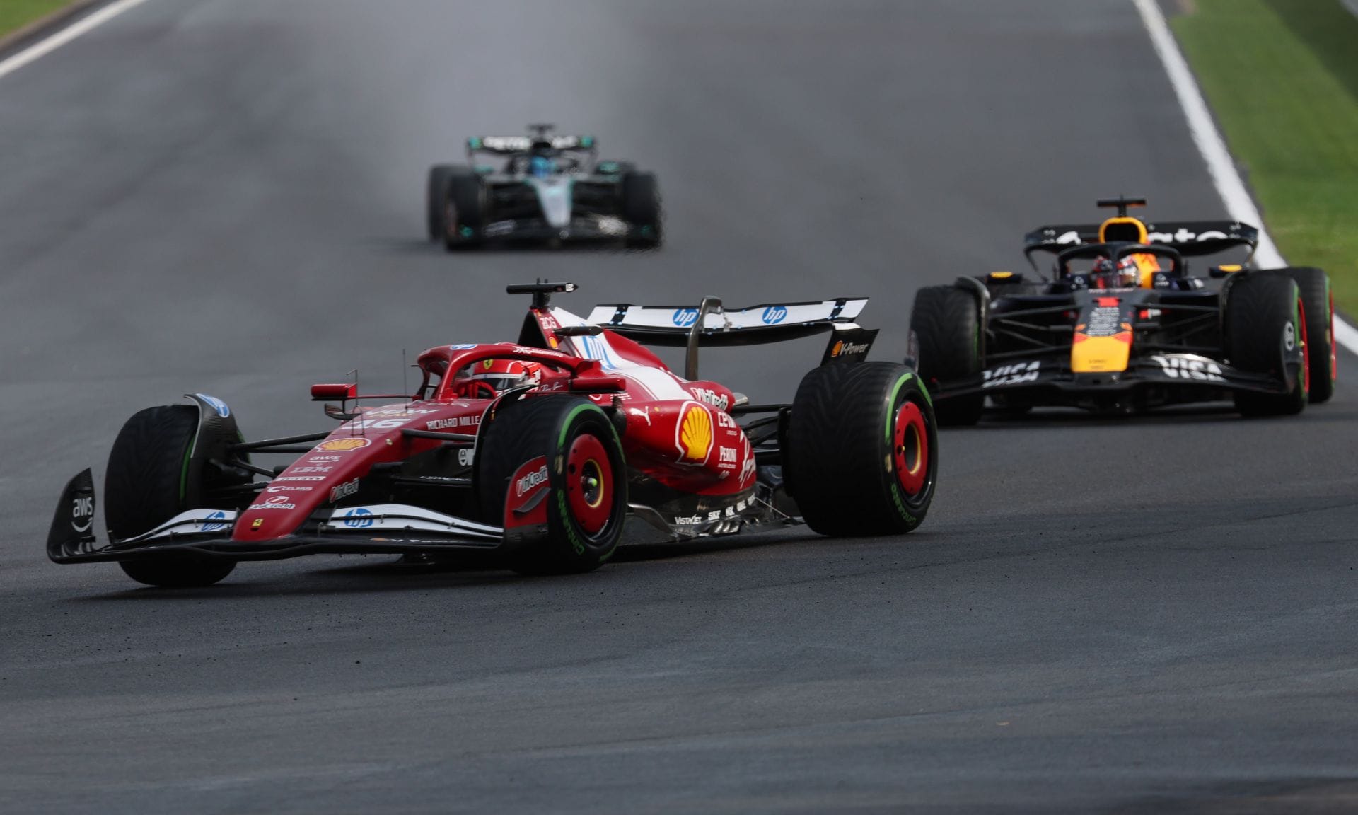 Charles Leclerc of Ferrari, Max Verstappen, and George Russell. Source: Getty