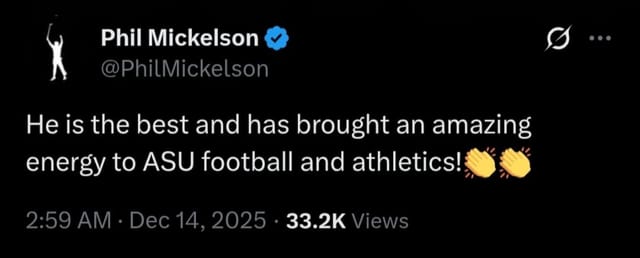 Screenshot of Phil Mickelson's comment on PHNX Sun Devils clip shared on X