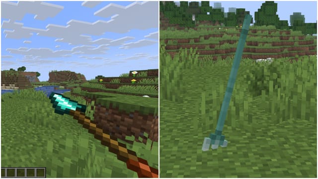 A lança é apenas uma arma de combate corpo a corpo, enquanto o tridente é tanto de combate corpo a corpo quanto de combate corpo a corpo (Imagem via Sportskeeda Gaming || Mojang Studios)