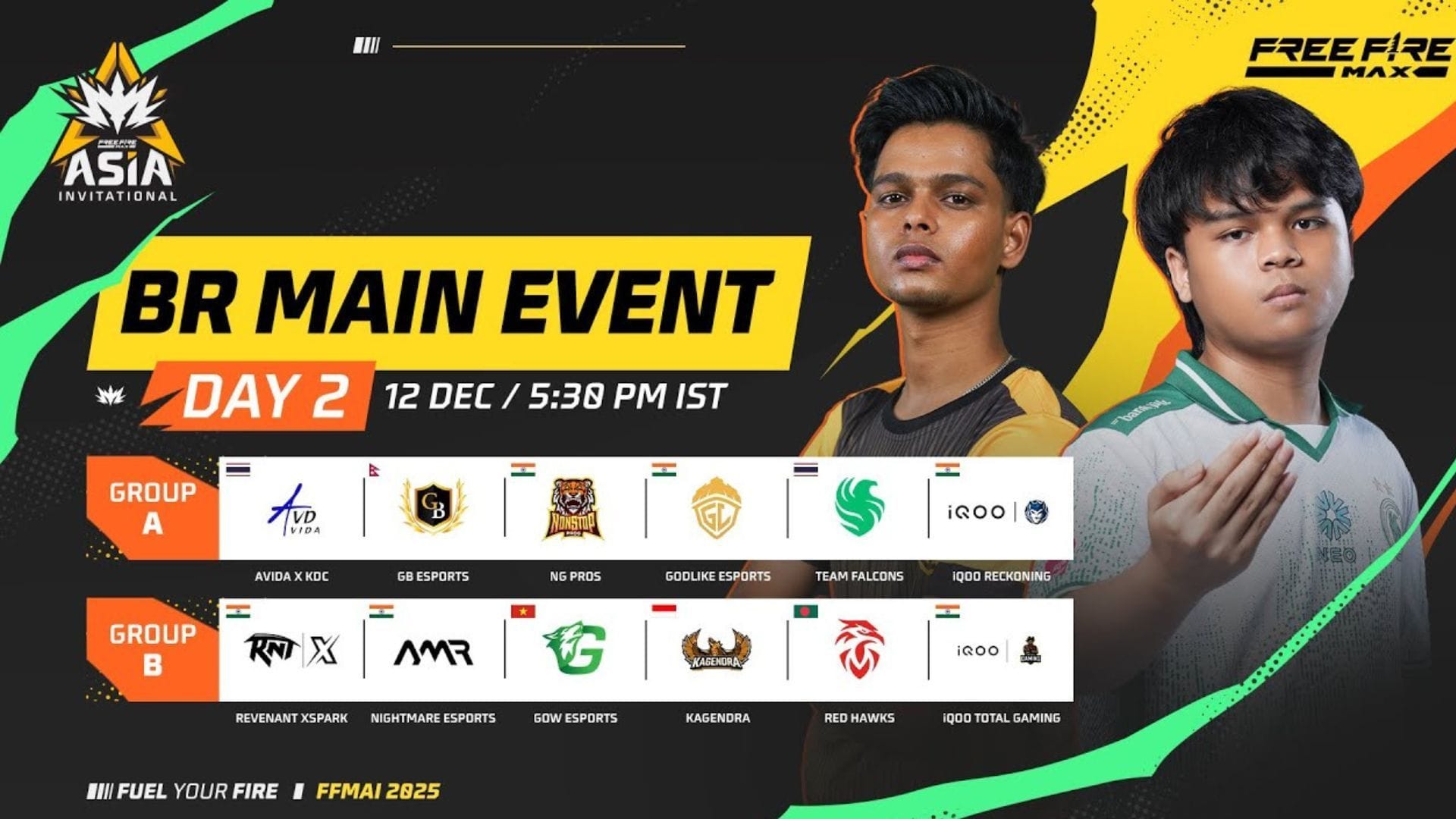 Day 2 of FFMAI 2025 Main Event occurs on December 12 (Image via YouTube/Free Fire Max Esports India Official)