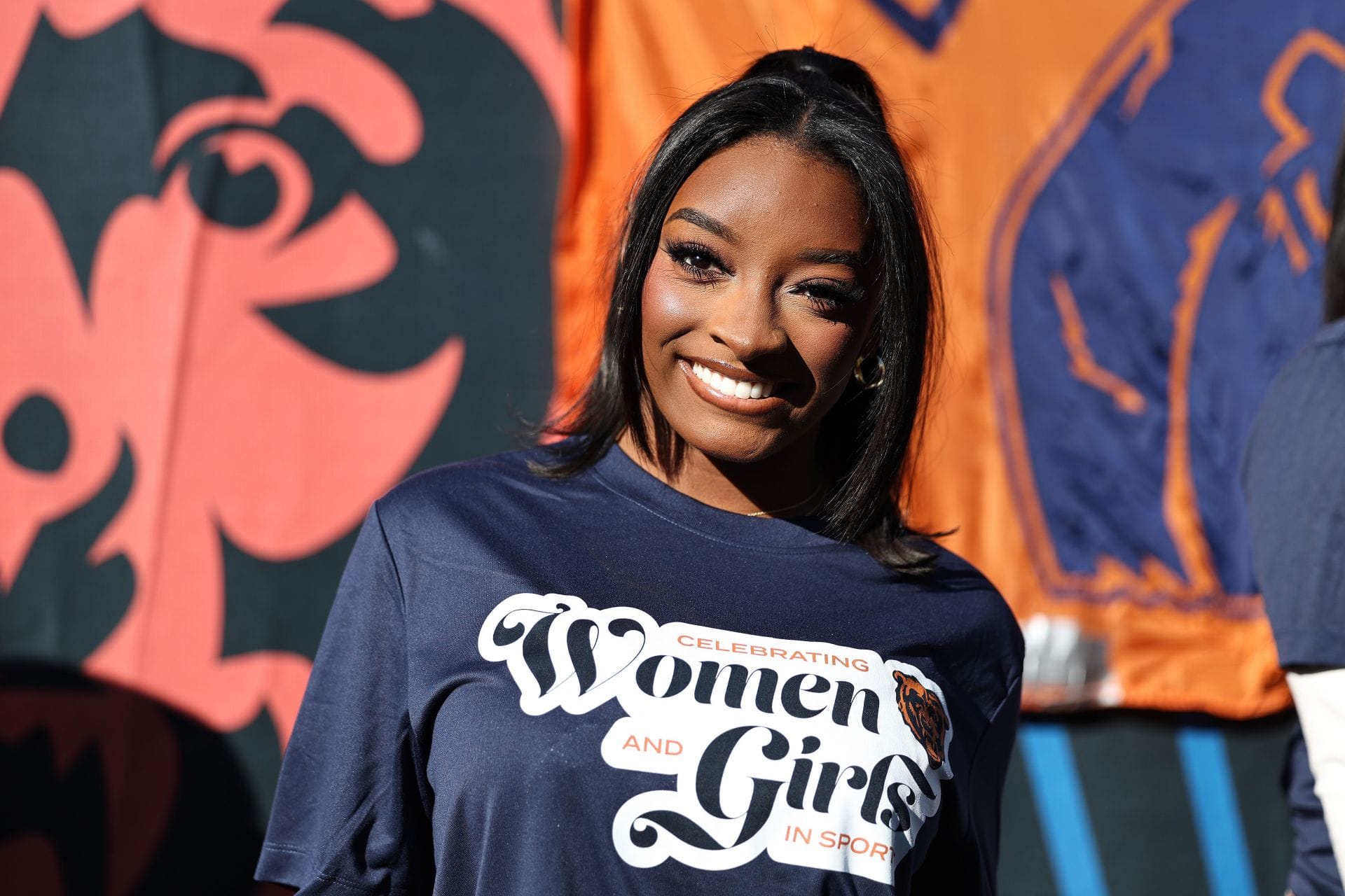  Simone Biles prior to a game between the Pittsburgh Steelers and the Chicago Bears at Soldier Field in Chicago, Illinois. (Photo by Getty Images)
