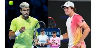 WATCH: Carlos Alcaraz takes hard hit to the face from Joao Fonseca as Jessica Pegula & Amanda Anisimova look on at Miami Invitational