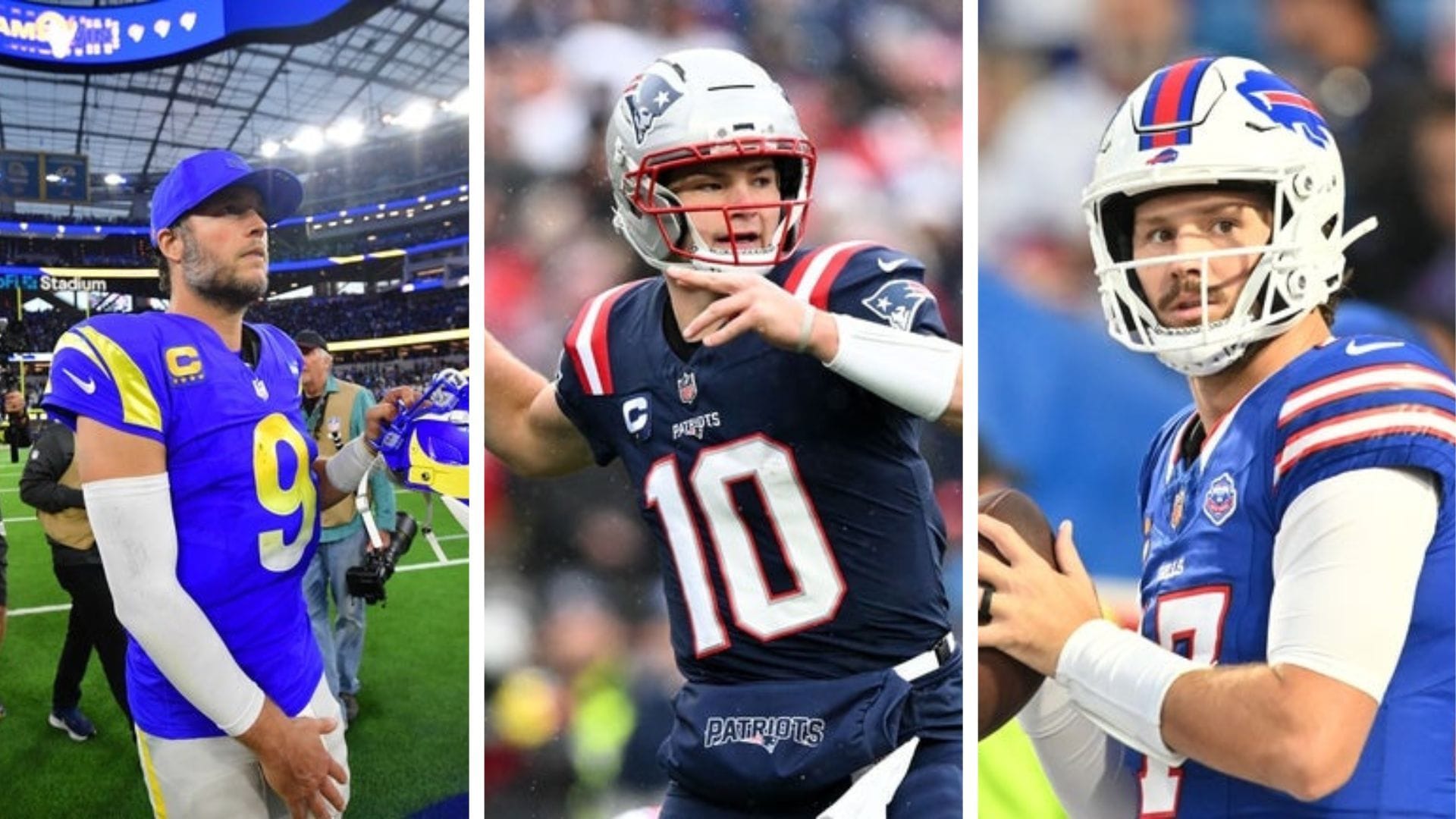 NFL quarterbacks Matthew Stafford, Drake Maye, and Josh Allen