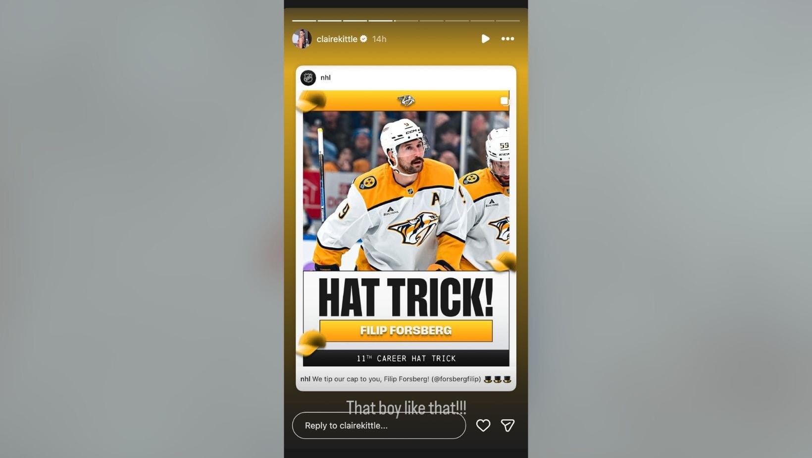 George Kittle's wife Claire drops 4-word reaction on NHL icon Filip Forsberg scoring 11th career hat-trick (image credit: instagram/clairekittle)