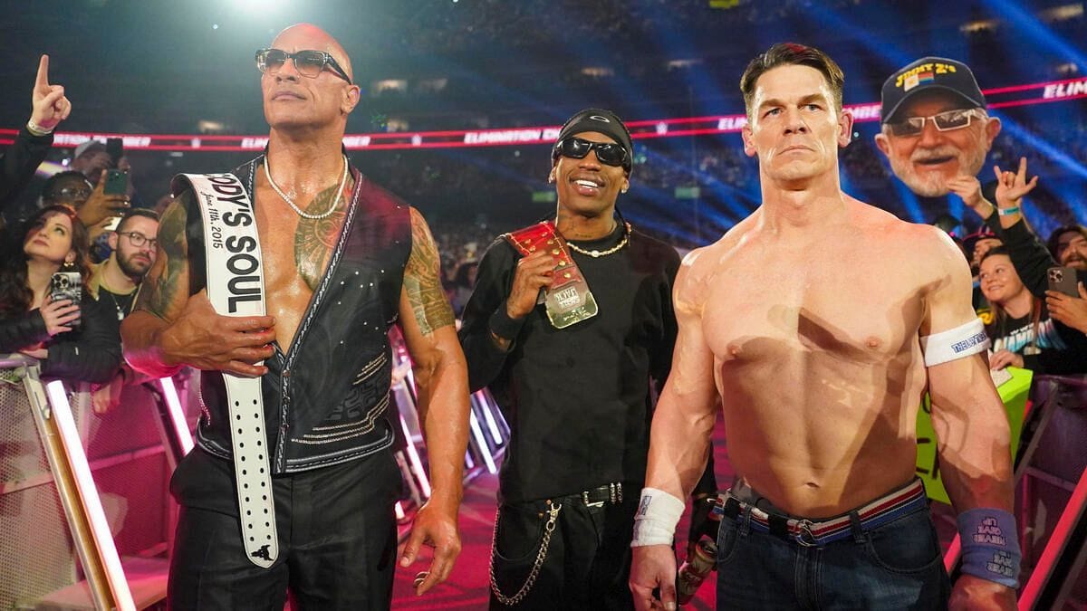John Cena, Travis Scott, and The Rock at Elimination Chamber: Toronto. [Image via WWE.com]