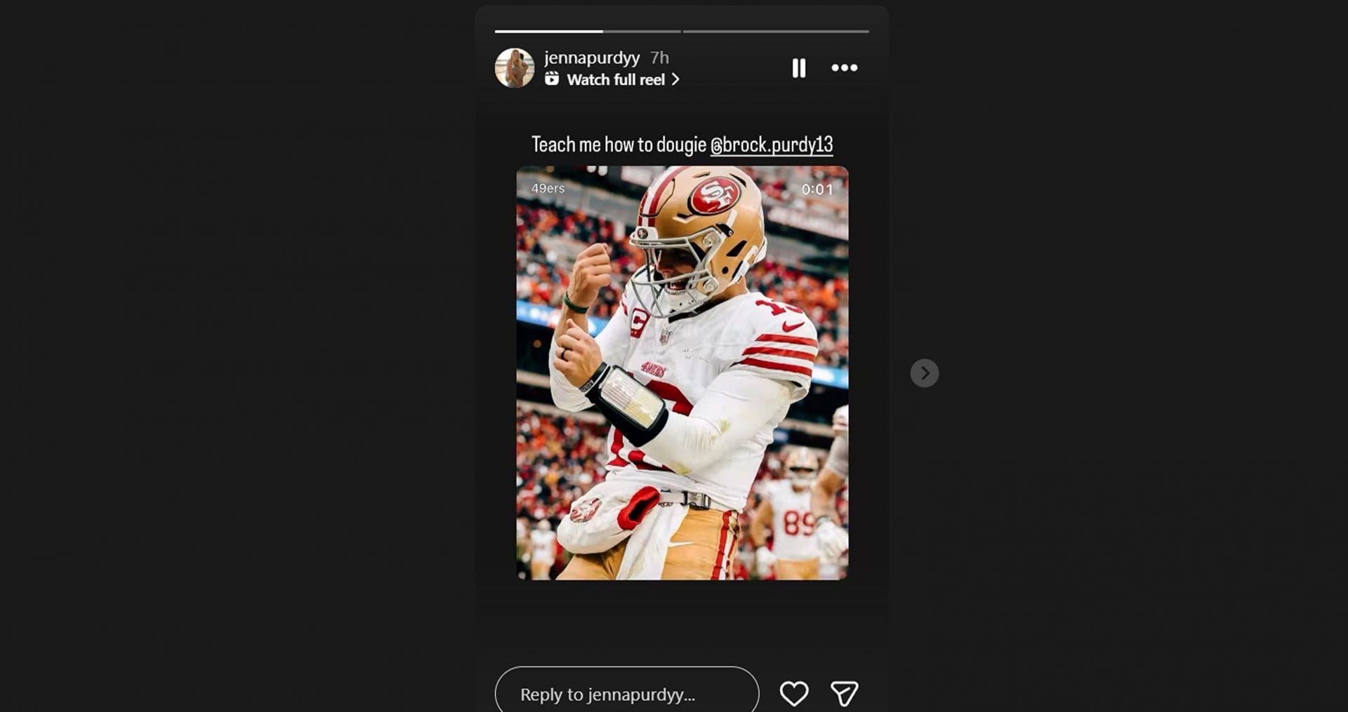 Brock Purdy&rsquo;s wife Jenna requests 49ers QB to teach her viral TD dance celebration from Week 13 game vs. Browns/@jennapurdyy