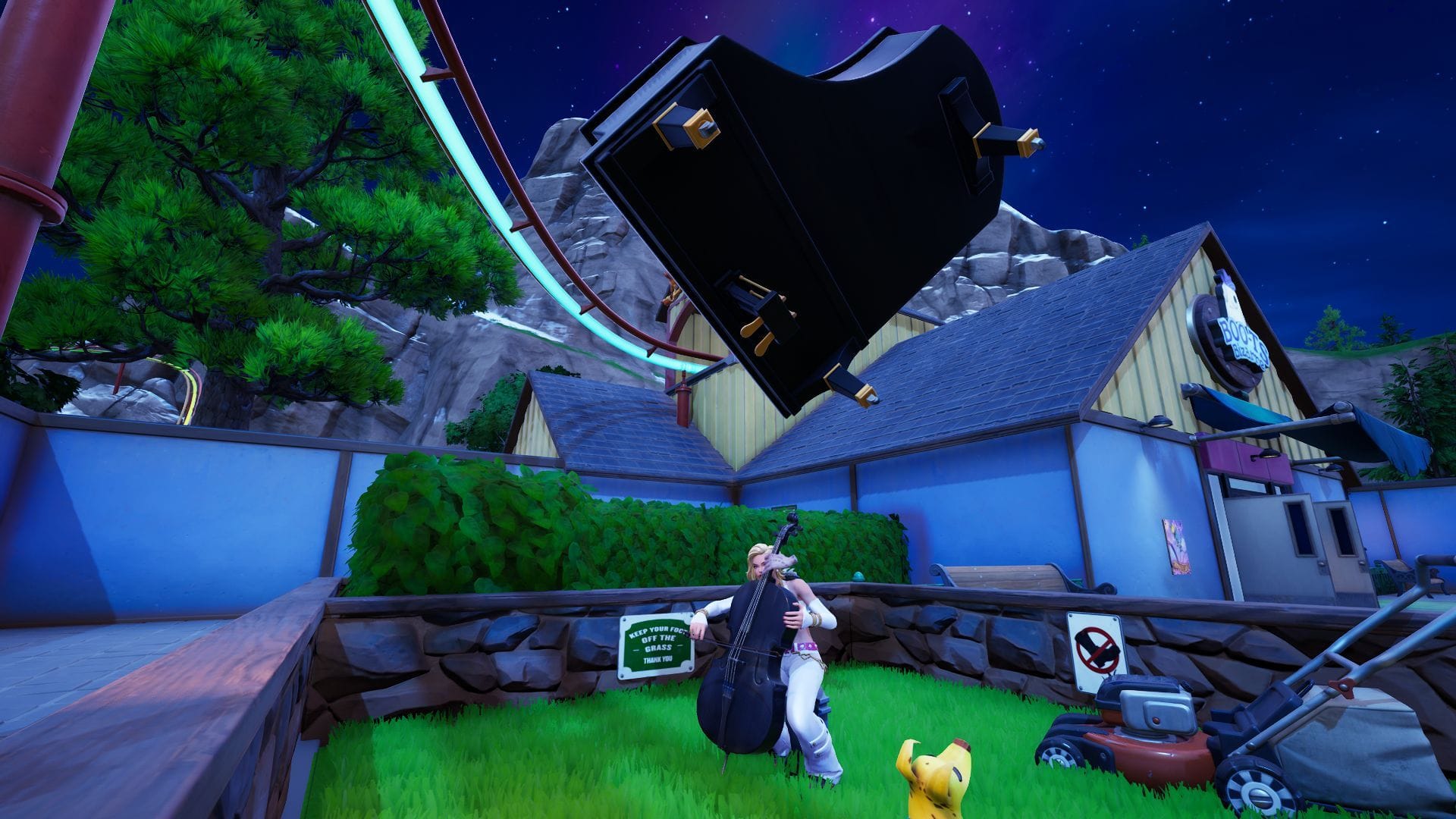 The hilarious Fortnite Chapter 7 Season 1 Easter egg drops a large piano on players for Emoting or stepping in the patch of grass (Image via Sportskeeda Gaming || Epic Games)