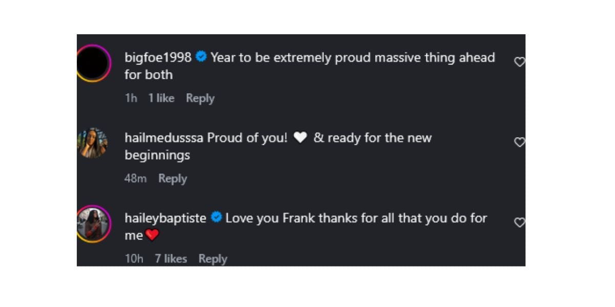 Screenshot of Frances Tiafoe and Hailey Baptiste&#039;s comments. (Source: instagram - @king_asmiru)