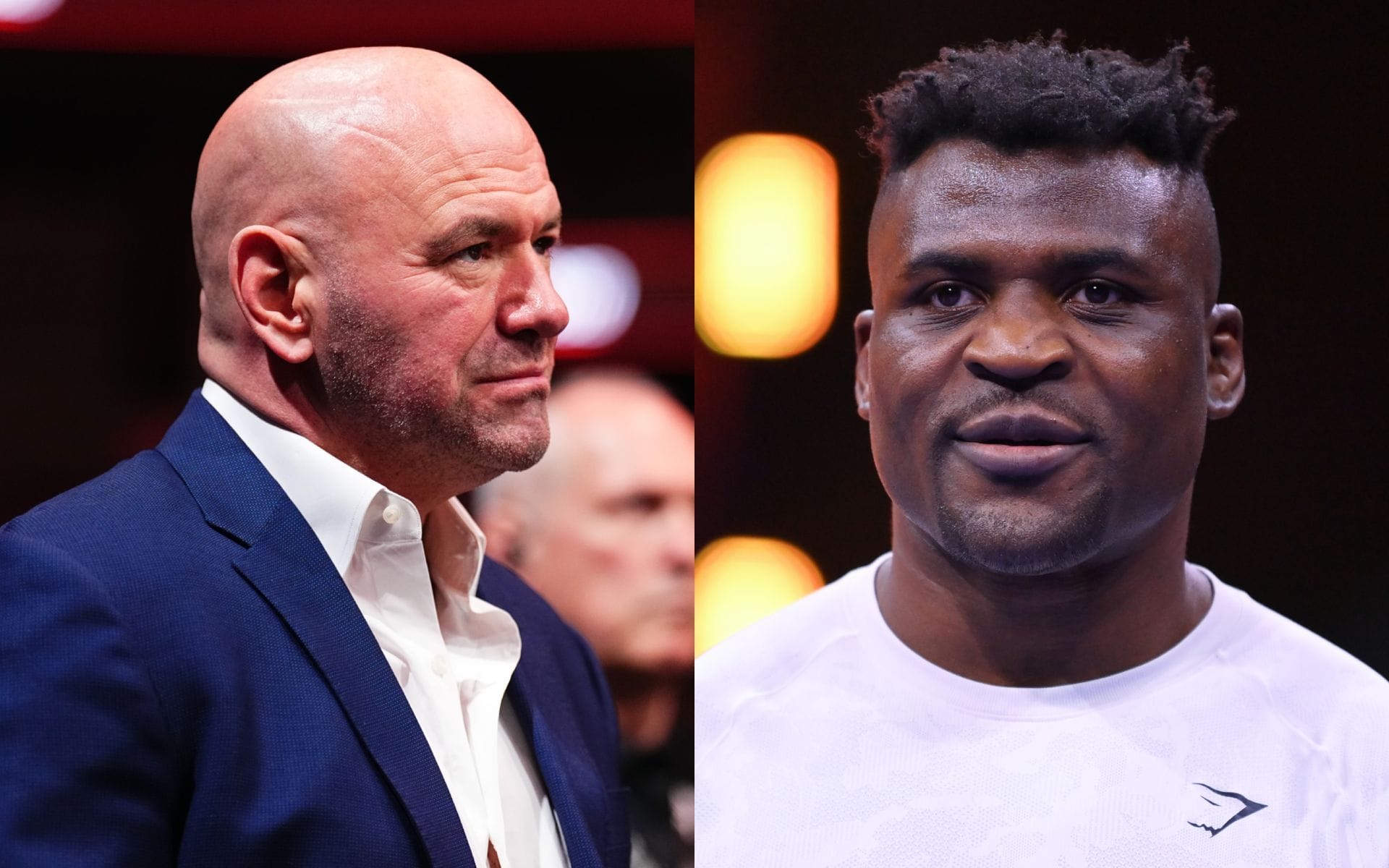 Francis Ngannou (right) addresses Dana White