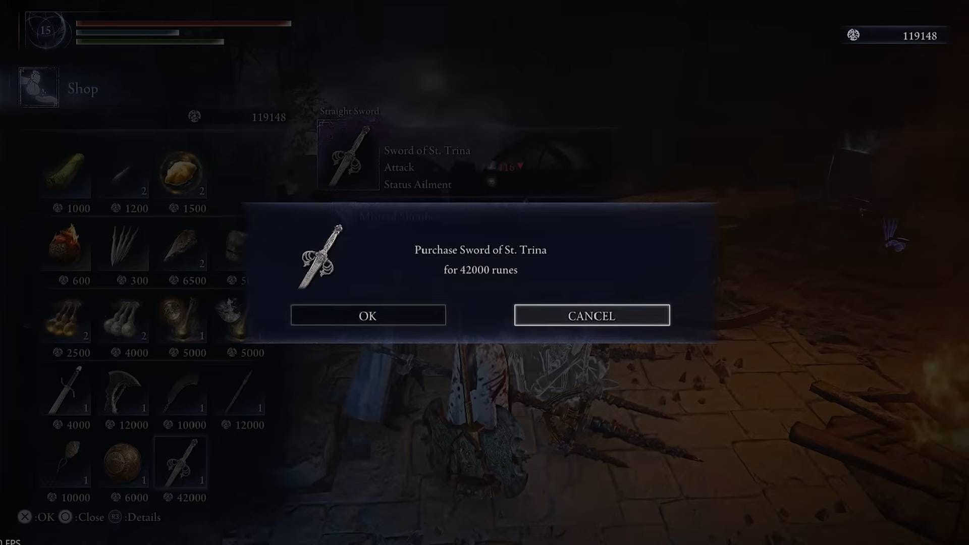 Purchase the Sword of St. Trina from the merchant (Image via FromSoftware || YouTube/Neon Slice)
