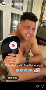 Ronaldo's Instagram Story featuring him with a strapped up shoulder after hitting with Alcaraz (Source: Instagram/ronaldo)