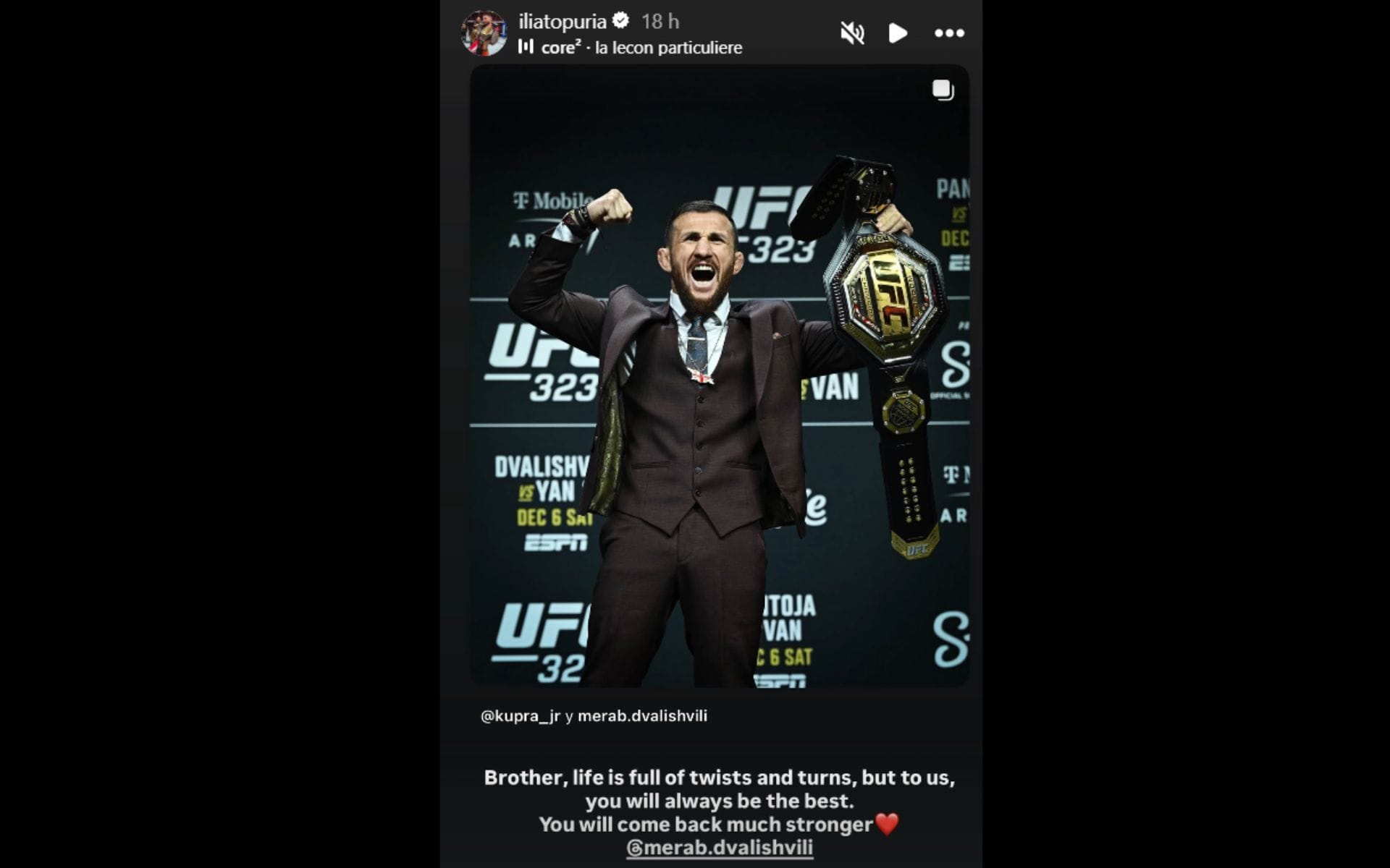 Ilia Topuria reacts to Merab Dvalishvili&#039;s loss at UFC 323. [Screenshot courtesy: @iliatopuria on Instagram]