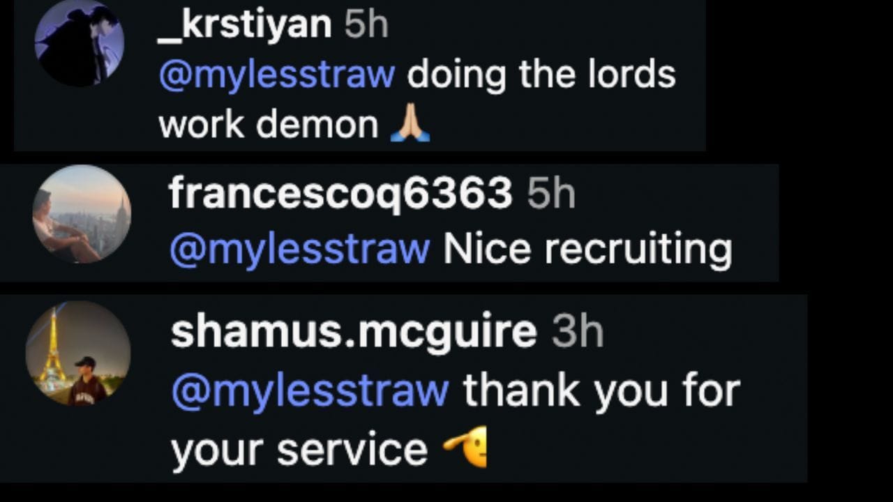 Screenshots of fans' replies to Myles Straw's comment (Image from - Instagram.com/@ktuck_30)