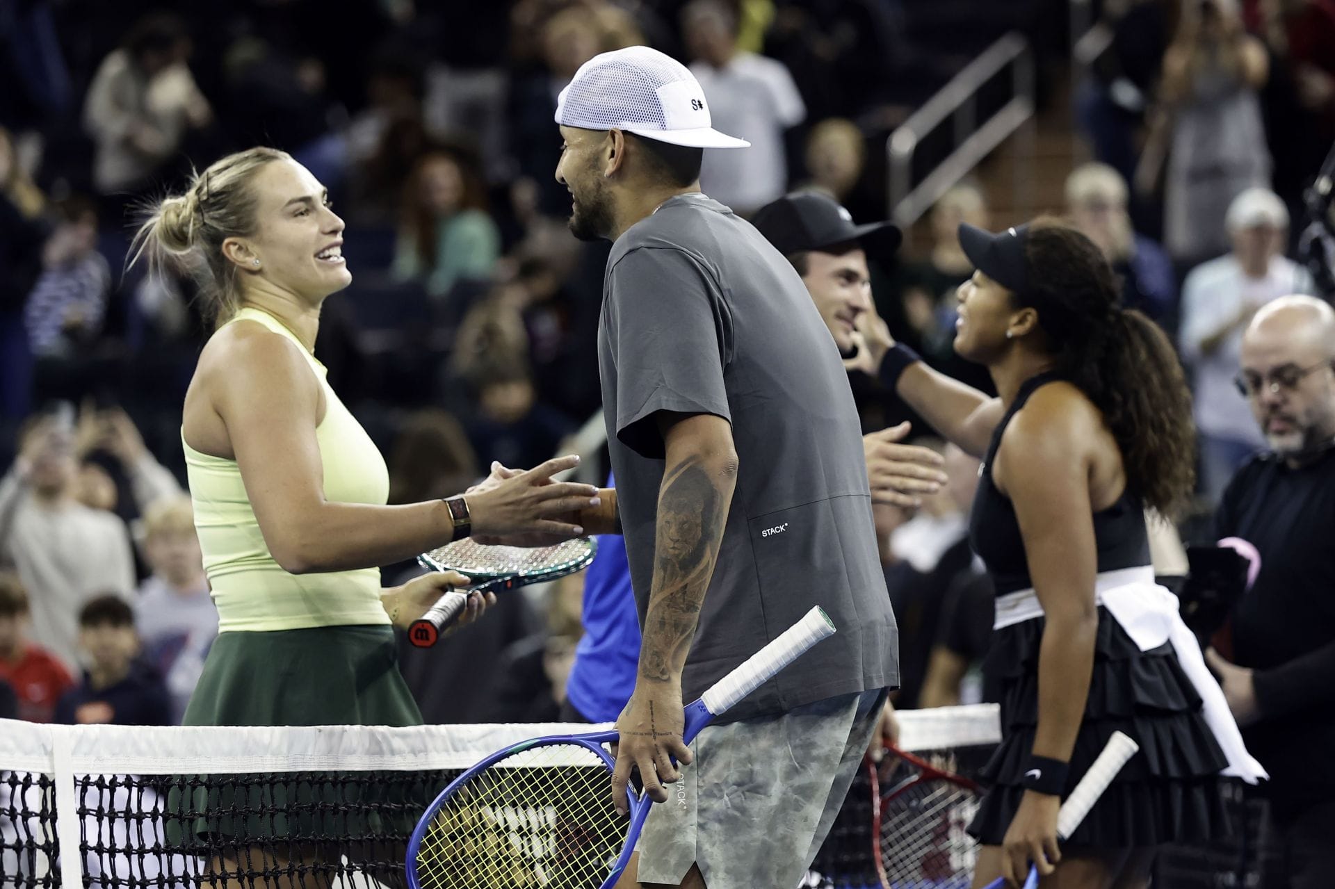 Aryna Sabalenka shakes hands with Nick Kyrgios at The Garden Cup 2025 | Image Source: Getty