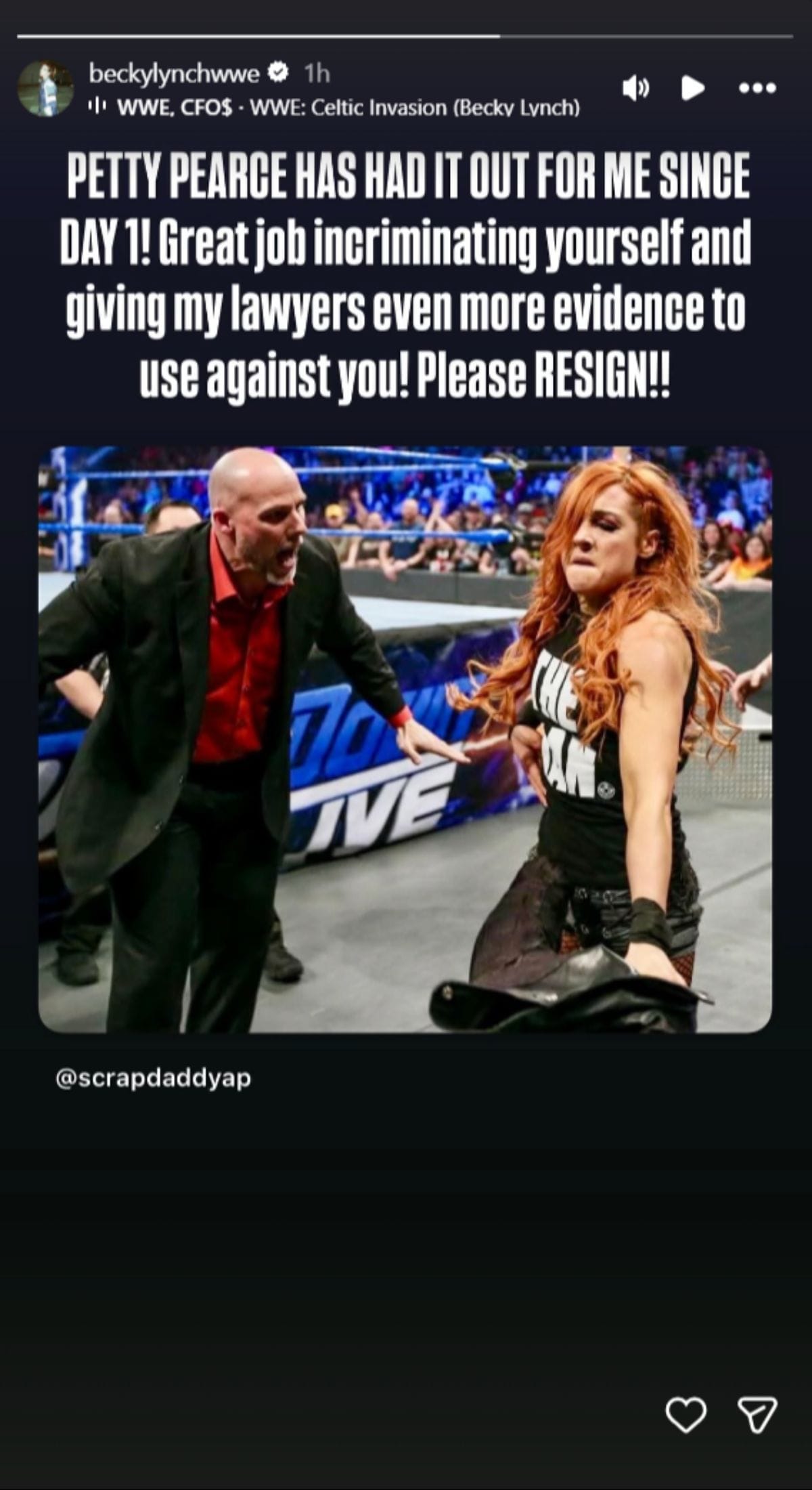 Becky Lynch asks the RAW General Manager to resign. [Image via @beckylynchwwe on Instagram]